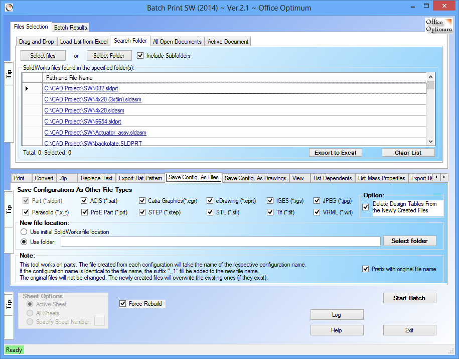 Batch convert SolidWorks files to PDF, DXF, JPG and TIF file formats, search folder mode